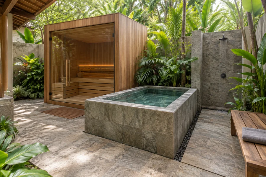 Visualisasi konsep pembangunan wellness zone dengan sauna dan bak rendam dingin