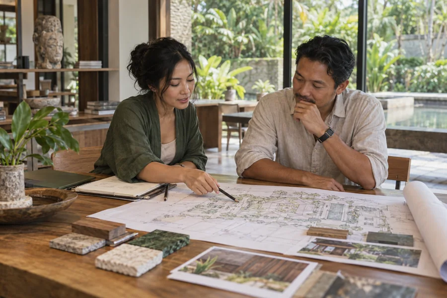 Ilustrasi konsultasi proyek wellness dan peninjauan denah
