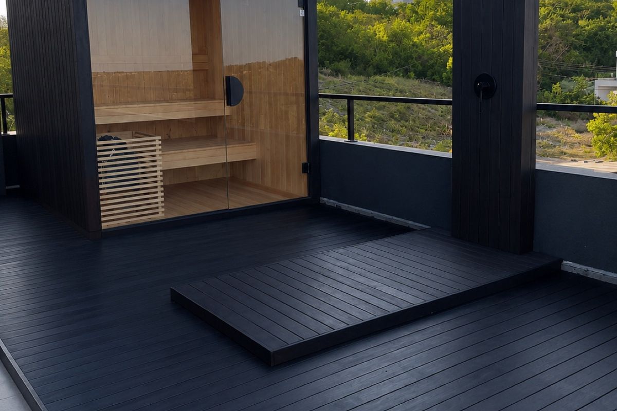 Outdoor sauna cabin with a cold shower on a rooftop terrace